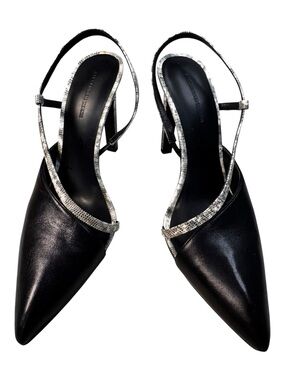 Alexander Wang Black Leather & Snakeskin Pointed Toe Slingback Heels Size 7